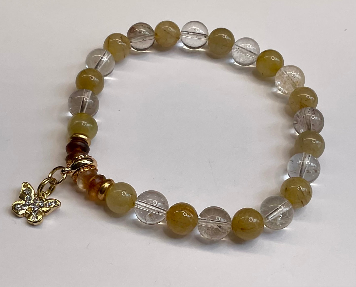 Golden Rutilated Quartz, Lodolite and Amber with Butterfly Dangle Charm