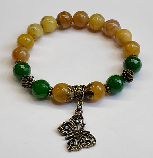 Yellow Opal and Faceted Green Jade with Butterly Dangle Charm