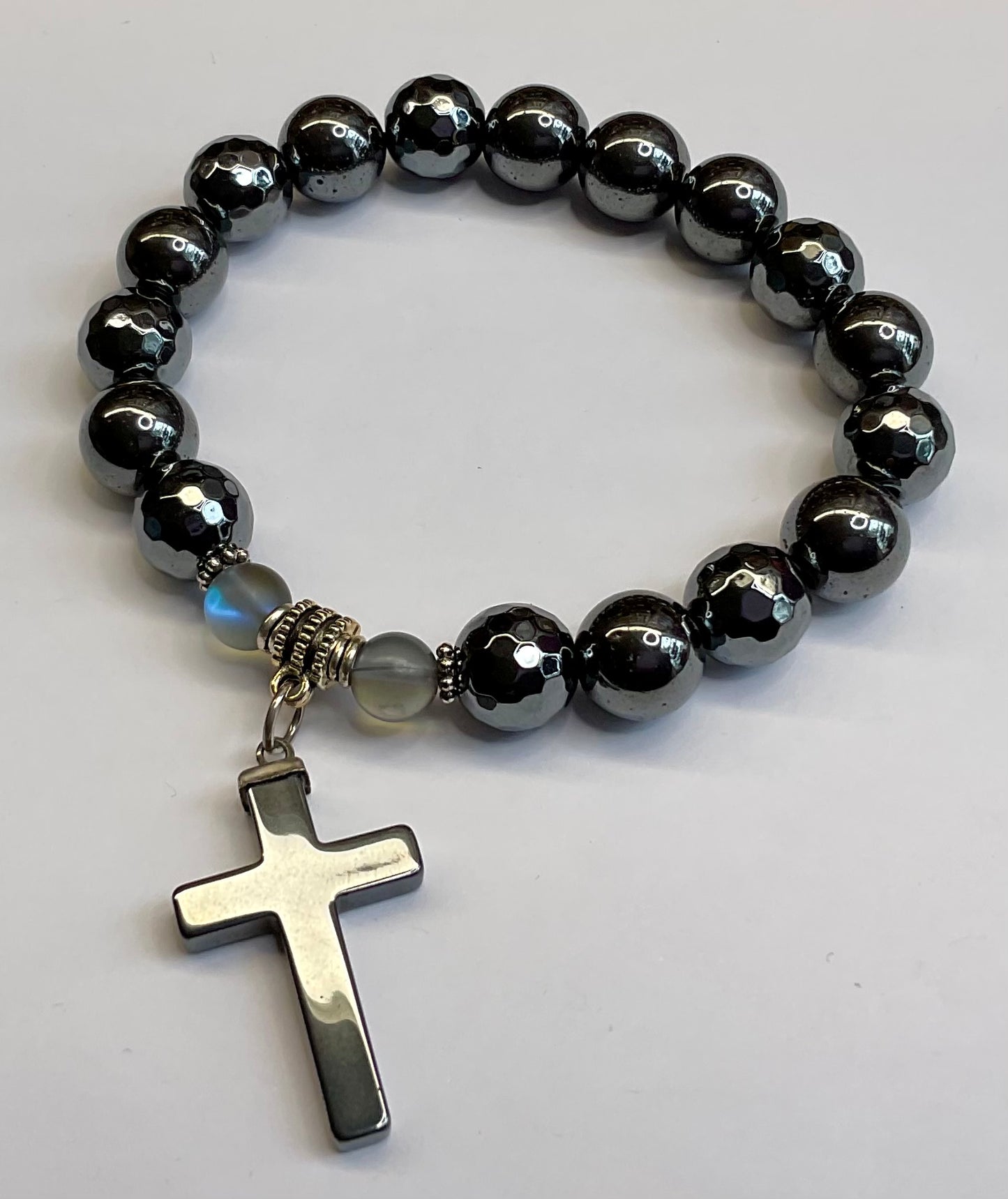 Hematite and Opalite with Hematite Cross Dangle Charm