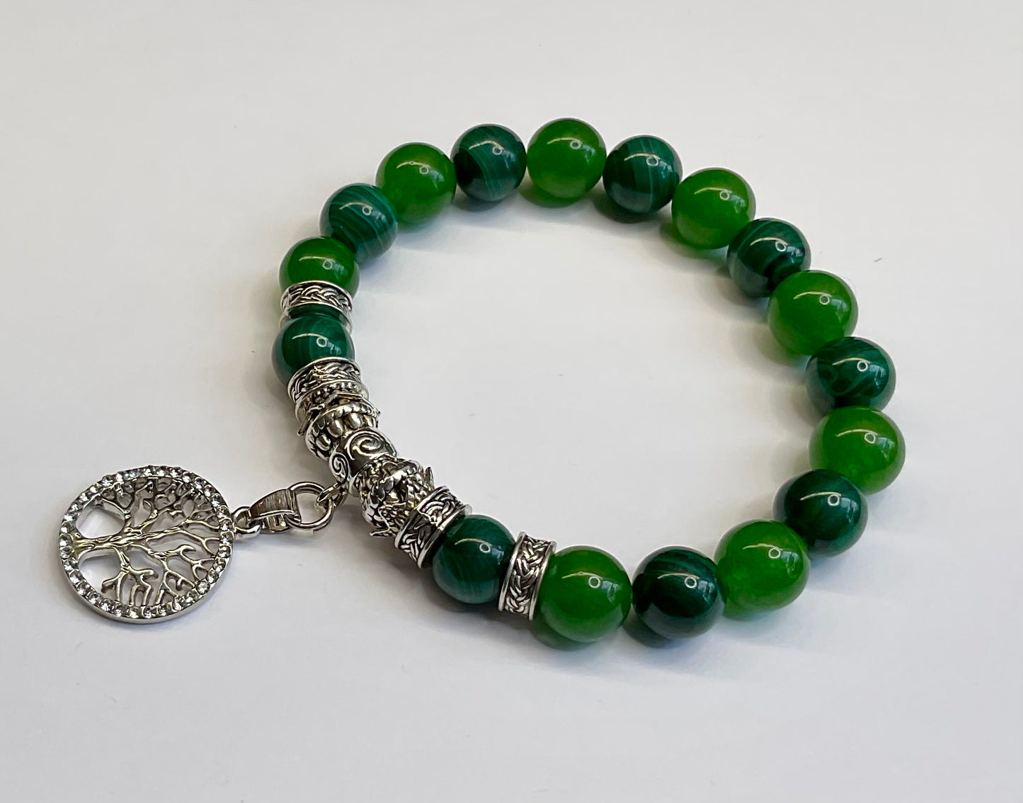 Malachite and Green Jade with rhinestone Tree of Life dangle charm