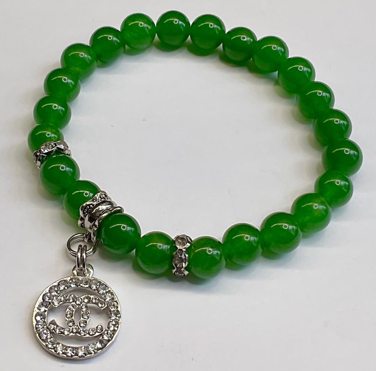 Green Jade with Rhinestone double “C” Dangle Charm