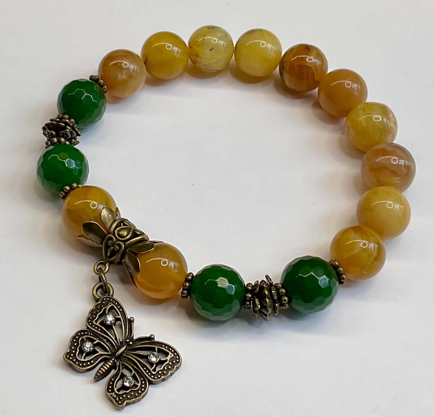 Yellow Opal and Faceted Green Jade with Butterly Dangle Charm