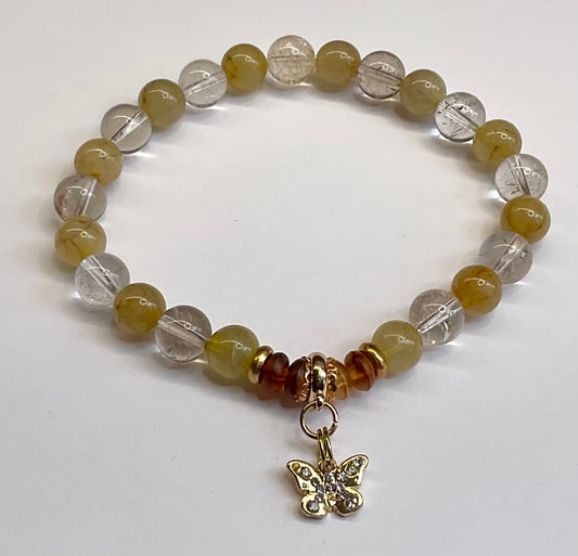Golden Rutilated Quartz, Lodolite and Amber with Butterfly Dangle Charm